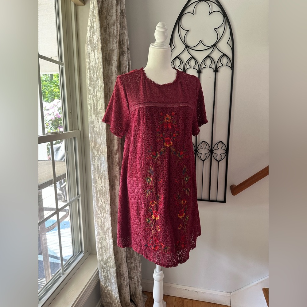 Umgee Maroon Floral Embroidered Lacy/Crocheted Dress